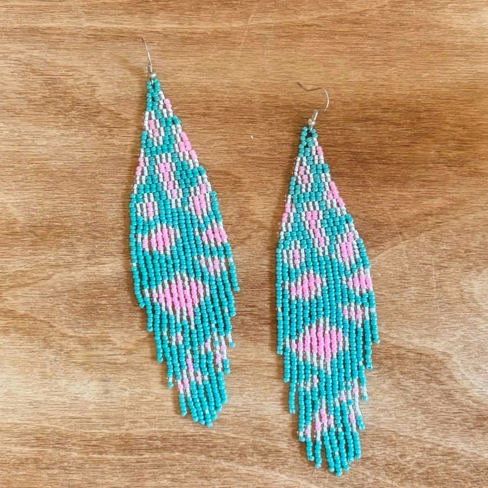Blue Pinkβ White Dangle Beaded Tassel Earrings Rodeo Festival Girls Trip NEW